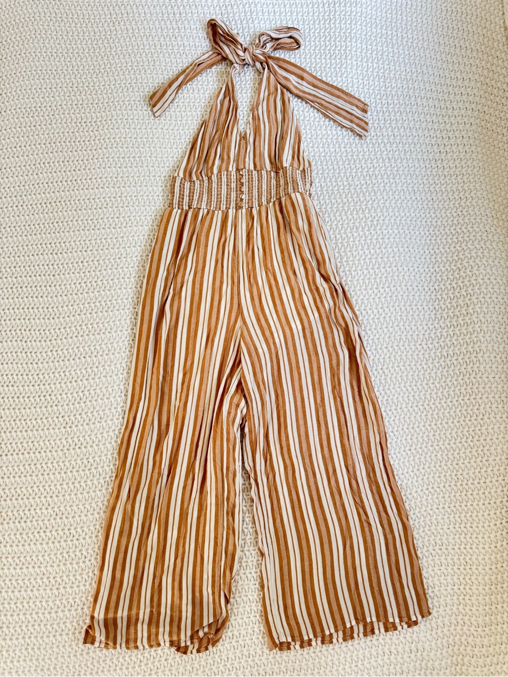 American Eagle Outfitters Light Brown and White Striped Halter Jumpsuit